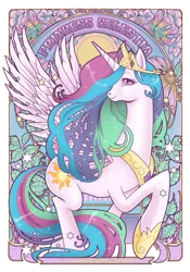 Size: 491x700 | Tagged: dead source, safe, artist:hezaa, derpibooru import, princess celestia, alicorn, pony, female, flower, looking at you, mare, modern art, nouveau, profile, solo