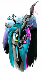 Size: 641x1128 | Tagged: safe, artist:andypriceart, derpibooru import, queen chrysalis, changeling, changeling queen, bust, fangs, female, frown, image, jpeg, open mouth, portrait, slit eyes, smiling, solo, traditional art