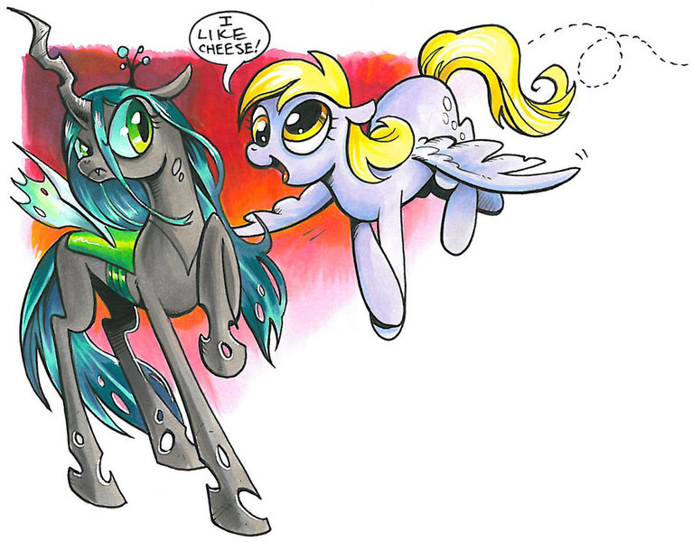 Size: 900x705 | Tagged: safe, artist:andypriceart, derpibooru import, derpy hooves, queen chrysalis, changeling, changeling queen, pegasus, pony, cheeselegs, cute, cutealis, dialogue, duo, female, flying, image, jpeg, mare, raised hoof, slit eyes, speech bubble, unamused