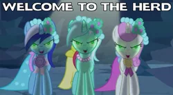 Size: 848x467 | Tagged: safe, derpibooru import, edit, edited screencap, screencap, lyra heartstrings, minuette, twinkleshine, pony, unicorn, a canterlot wedding, all caps, background pony, bridesmaid dress, caption, clothes, crystal caverns, dress, female, image macro, looking at you, mare, scary eyes, text, welcome to the herd