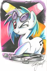 Size: 993x1504 | Tagged: safe, artist:andypriceart, derpibooru import, vinyl scratch, pony, unicorn, female, mare, record, solo, sunglasses, traditional art, turntable, wink