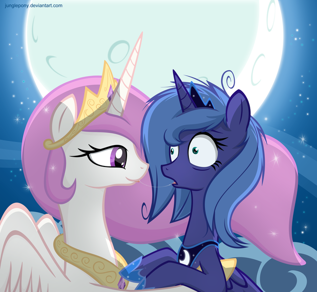 Size: 4000x3688 | Tagged: dead source, safe, artist:illuminatiums, derpibooru import, princess celestia, princess luna, alicorn, pony, absurd resolution, drool, drool string, eye contact, female, first kiss, horn, incest, jewelry, kissing, lesbian, love, mare, messy mane, moon, night, open mouth, pink-mane celestia, princest, regalia, s1 luna, shipping, shocked, show accurate, show accurate porn, siblings, sisters, sloppy kissing, smiling, surprise kiss, surprised, tiara, tongue out, wide eyes, younger