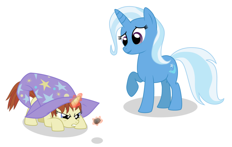 Size: 3000x1900 | Tagged: safe, artist:the smiling pony, derpibooru import, trixie, oc, unnamed oc, pony, unicorn, angry, clothes, duo, female, filly, glowing horn, hat, inkscape, levitation, magic, mare, paint.net, rock, simple background, telekinesis, transparent background, trixie's hat, vector