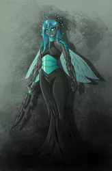 Size: 904x1380 | Tagged: abstract background, artist:pooryorick, changeling, dead source, derpibooru import, female, humanized, pony coloring, queen chrysalis, safe, solo, standing, sword, weapon, winged humanization, wings