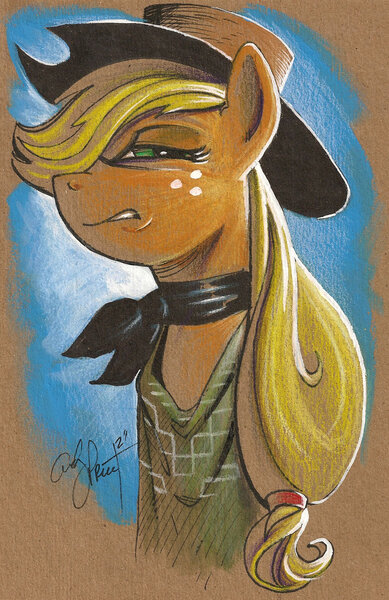 Size: 900x1389 | Tagged: safe, artist:andypriceart, derpibooru import, applejack, earth pony, pony, blondie, clothes, female, grimace, mare, solo, squint, squintjack, the man with no name, the pony with no name, traditional art