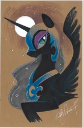 Size: 1086x1674 | Tagged: safe, artist:andypriceart, derpibooru import, nightmare moon, alicorn, pony, female, mare, moon, profile, smiling, solo, traditional art