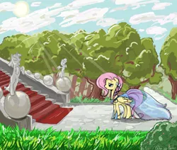 Size: 2000x1692 | Tagged: safe, artist:lisaorise, derpibooru import, fluttershy, pegasus, pony, clothes, cloud, crepuscular rays, dress, female, forest, gala dress, mare, solo, stairs, sun