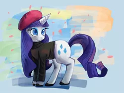 Size: 1100x825 | Tagged: safe, artist:terrac0tta, derpibooru import, rarity, pony, unicorn, abstract background, alternate hairstyle, beatnik rarity, beret, clothes, female, hat, looking back, mare, solo, sweater