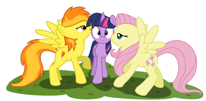 Size: 1362x669 | Tagged: safe, artist:muffinsforever, derpibooru import, fluttershy, spitfire, twilight sparkle, pegasus, pony, unicorn, blushing, female, kiss on the cheek, kiss sandwich, kissing, lesbian, mare, ot3, shipping, simple background, transparent background, trio, twifire, twilight sparkle gets all the mares, twishy, unicorn twilight