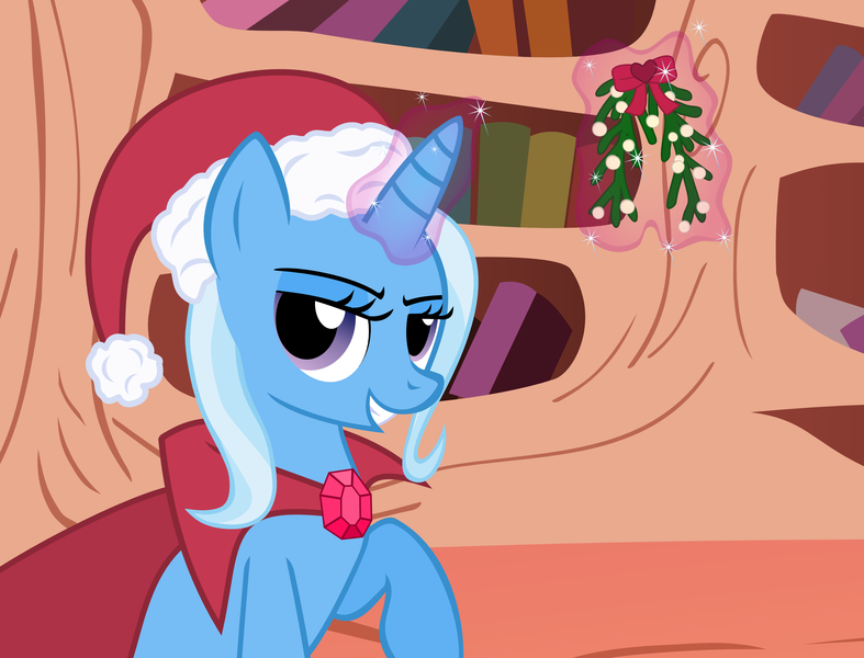 Size: 3000x2288 | Tagged: safe, artist:the smiling pony, derpibooru import, trixie, pony, unicorn, bedroom eyes, cape, christmas, clothes, cropped, female, glowing horn, golden oaks library, grin, hat, high res, inkscape, levitation, library, looking at you, magic, mare, mistletoe, raised hoof, santa hat, sitting, smiling, smirk, solo, telekinesis, trixie's cape, vector