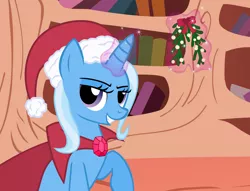 Size: 3000x2288 | Tagged: safe, artist:the smiling pony, derpibooru import, trixie, pony, unicorn, bedroom eyes, cape, christmas, clothes, cropped, female, glowing horn, golden oaks library, grin, hat, high res, inkscape, levitation, library, looking at you, magic, mare, mistletoe, raised hoof, santa hat, sitting, smiling, smirk, solo, telekinesis, trixie's cape, vector