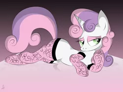 Size: 3072x2304 | Tagged: suggestive, artist:v-d-k, derpibooru import, sweetie belle, pony, unicorn, bedroom eyes, clothes, female, filly, high res, implied foalcon, prone, sexy, socks, solo, solo female, stupid sexy sweetie belle