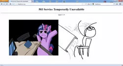 Size: 1300x702 | Tagged: artist needed, safe, derpibooru import, twilight sparkle, pony, unicorn, derpibooru, 503, angry, bipedal, computer, female, firefox, frown, google, http status code, keyboard, mare, meme, meta, mousepad, rage face, table flip, url, windows, windows 7