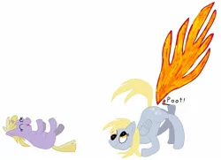 Size: 1528x1104 | Tagged: artist needed, safe, derpibooru import, derpy hooves, dinky hooves, pegasus, pony, unicorn, fart, fart noise, female, filly, fire, mare, simple background, white background