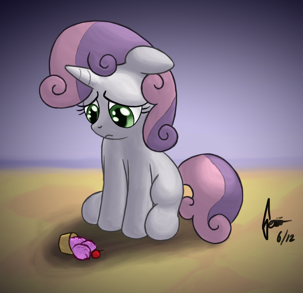 Size: 1500x1450 | Tagged: safe, artist:snetri, derpibooru import, sweetie belle, pony, unicorn, dropped ice cream, female, filly, ice cream, sad, sitting, solo