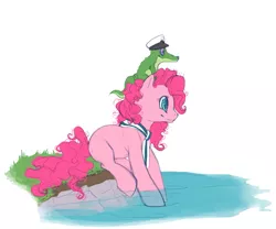 Size: 601x500 | Tagged: safe, artist:noel, derpibooru import, gummy, pinkie pie, earth pony, pony, clothes, female, hat, mare, profile, scarf, sitting, sitting on pony, water