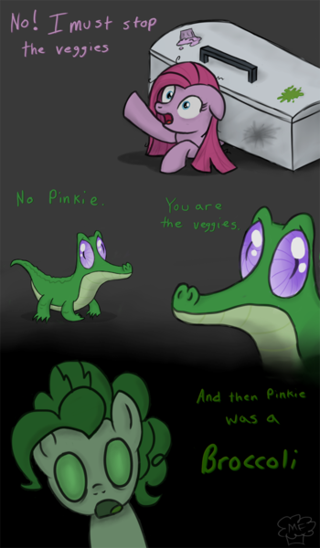 Size: 700x1200 | Tagged: safe, artist:muffinsforever, derpibooru import, gummy, pinkie pie, earth pony, pony, broccoli, comic, doom: repercussions of evil, female, food, greatest fear, mare, parody, pinkamena diane pie, refrigerator, vegetables, veggies, wat