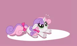 Size: 2000x1200 | Tagged: safe, artist:alexmakovsky, derpibooru import, sweetie belle, pony, unicorn, bow, female, filly, floppy ears, hair bow, prone, solo, tail bow, underhoof