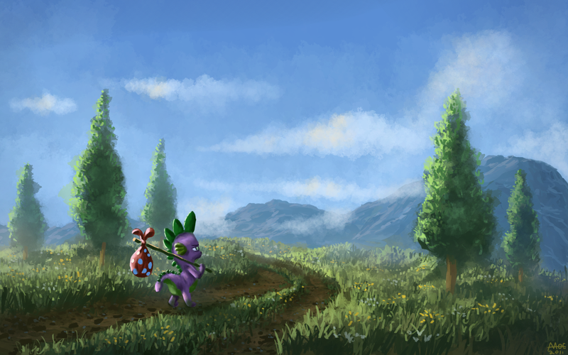 Size: 1280x800 | Tagged: artist:moe, bindle, derpibooru import, dragon, dragon quest, male, road, safe, scenery, solo, spike, tree