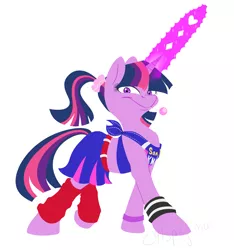 Size: 3175x3394 | Tagged: safe, artist:calicopikachu, derpibooru import, twilight sparkle, pony, unicorn, alternate hairstyle, candy, chainsaw, cheerleader sparkle, clothes, female, food, high res, juliet starling, lollipop, lollipop chainsaw, magic, mare, ponytail, simple background, skirt, solo, white background