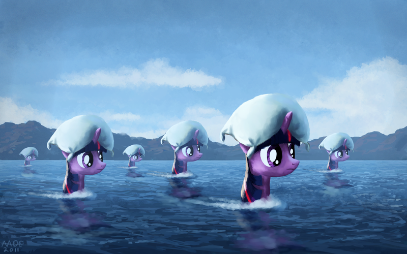 Size: 1280x800 | Tagged: safe, artist:moe, derpibooru import, twilight sparkle, pony, unicorn, blank face, clones, female, frown, mare, migration, multeity, ocean, pillow, pillow hat, pillow monsters, sparkle sparkle sparkle, stare, surreal, swimming, wat, water