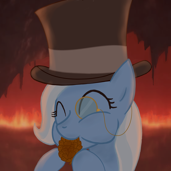 Size: 800x800 | Tagged: safe, artist:muffinsforever, derpibooru import, trixie, pony, unicorn, eating, eyes closed, fancy, female, hat, hell, mare, monocle, pinecone, random, solo, top hat, trixie eating pinecones