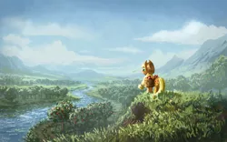 Size: 1280x800 | Tagged: safe, artist:moe, derpibooru import, applejack, earth pony, pony, apple, basket, female, mare, river, scenery, scenery porn, solo, sweet apple acres, tree