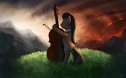 Size: 1680x1050 | Tagged: source needed, safe, artist:moe, derpibooru import, octavia melody, earth pony, pony, backlighting, bipedal, cello, eyes closed, female, mare, musical instrument, rear view, scenery, solo