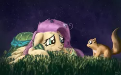 Size: 1680x1050 | Tagged: safe, artist:moe, derpibooru import, fluttershy, pegasus, pony, squirrel, clothes, dress, female, floppy ears, gala dress, grass, mare, messy mane, night, prone, smiling, solo