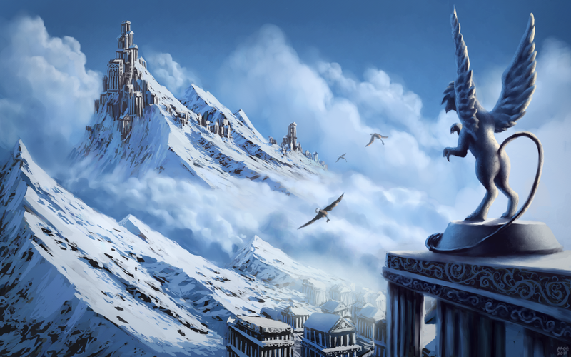 Size: 1980x1238 | Tagged: safe, artist:moe, derpibooru import, oc, unofficial characters only, gryphon, city, cloud, cloudy, detailed background, generic pony, image, mountain, png, rearing, scenery, scenery porn, sky, snow, statue, wallpaper