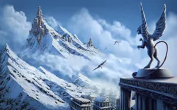 Size: 1980x1238 | Tagged: safe, artist:moe, derpibooru import, oc, unofficial characters only, gryphon, city, cloud, cloudy, generic pony, mountain, rearing, scenery, scenery porn, sky, snow, statue, wallpaper