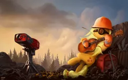 Size: 1980x1238 | Tagged: safe, artist:moe, derpibooru import, applejack, earth pony, pony, crossover, engiejack, engineer, female, goggles, guitar, hat, mare, on back, sentry, solo, team fortress 2, turret, wrench