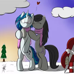 Size: 1024x1024 | Tagged: safe, artist:wolfmedia, derpibooru import, octavia melody, vinyl scratch, earth pony, pony, unicorn, bipedal, clothes, cute, female, heart, hug, lesbian, mare, present, scarf, scratchtavia, shipping