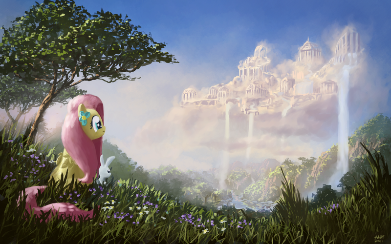 Size: 1980x1238 | Tagged: safe, artist:moe, derpibooru import, angel bunny, fluttershy, pegasus, pony, cloudsdale, duo, female, grass, looking away, mare, painting, scenery, scenery porn, sitting