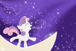 Size: 3000x2000 | Tagged: safe, artist:re6ellion, derpibooru import, sweetie belle, pony, unicorn, eyes closed, female, filly, high res, moon, music, music notes, photoshop, singing, sky, solo, stars, wallpaper