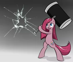 Size: 1300x1100 | Tagged: safe, artist:muffinsforever, derpibooru import, pinkie pie, earth pony, pony, bipedal, breaking the fourth wall, female, fourth wall, fourth wall destruction, gradient background, hammer, insanity, mare, pinkamena diane pie, shrunken pupils, smiling, solo, the fourth wall cannot save you