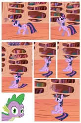 Size: 1707x2595 | Tagged: safe, artist:the smiling pony, derpibooru import, spike, twilight sparkle, dragon, pony, unicorn, comic, cute, duo, female, golden oaks library, inkscape, male, mare, scrunchy face, smiling, twiabetes, unicorn twilight, vector