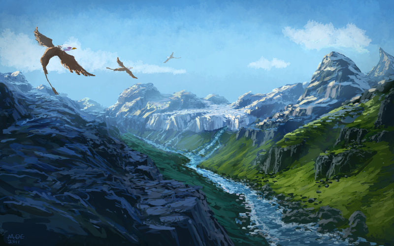 Size: 1280x800 | Tagged: safe, artist:moe, derpibooru import, gilda, gryphon, female, glacier, land, mountain, mountain range, river, scenery, scenery porn, valley