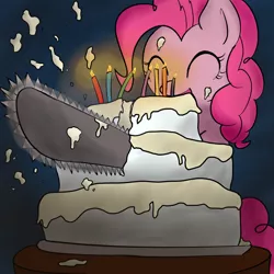 Size: 900x900 | Tagged: safe, artist:muffinsforever, derpibooru import, pinkie pie, earth pony, pony, cake, candle, chainsaw, eyes closed, female, mare, solo, vanilla must die
