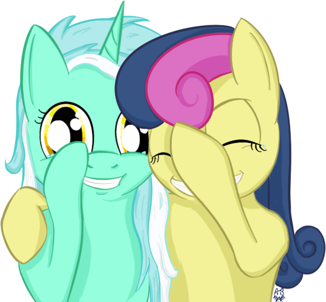 Size: 649x602 | Tagged: safe, artist:cheshiresdesires, derpibooru import, bon bon, lyra heartstrings, sweetie drops, earth pony, pony, unicorn, crying, duo, female, grin, laughing, laughingmares.jpg, mare, simple background, smiling, tears of laughter, transparent background