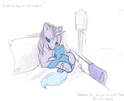 Size: 572x464 | Tagged: safe, artist:noel, derpibooru import, trixie, pony, unicorn, baby, bed, female, filly, foal, hospital, mare, mother, sad, sad in hindsight