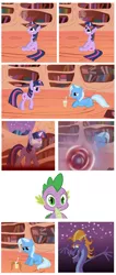 Size: 1429x3358 | Tagged: safe, artist:the smiling pony, derpibooru import, spike, steven magnet, trixie, twilight sparkle, dragon, pony, sea serpent, unicorn, comic, female, glowing eyes, glowing horn, inkscape, male, mare, moustache, unicorn twilight, vector