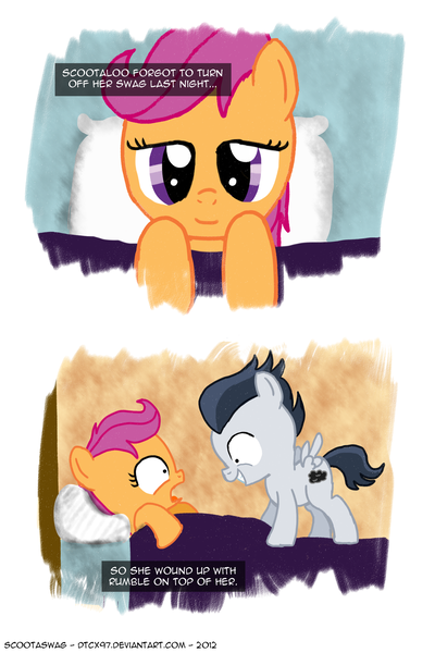 Size: 1600x2400 | Tagged: safe, artist:dtcx97, derpibooru import, rumble, scootaloo, pegasus, pony, bed, colt, female, filly, male, not creepy, post-crusade, rumbloo, shipping, straight, surprised, swag, wingboner