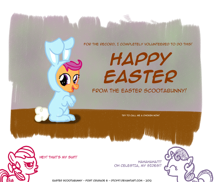 Size: 2000x1700 | Tagged: safe, artist:dtcx97, derpibooru import, apple bloom, scootaloo, sweetie belle, earth pony, pegasus, pony, unicorn, bunny costume, bunnyloo, clothes, cutie mark crusaders, easter, female, filly, post-crusade