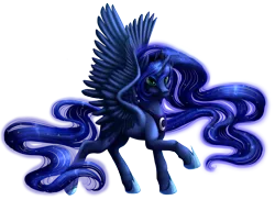 Size: 1500x1091 | Tagged: safe, artist:kittehkatbar, derpibooru import, princess luna, alicorn, pony, female, looking at you, mare, princess, raised hoof, simple background, solo, spread wings, transparent background