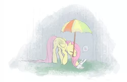 Size: 692x448 | Tagged: safe, artist:noel, derpibooru import, angel bunny, fluttershy, pegasus, pony, rabbit, female, heart, mare, mouth hold, rain, umbrella