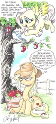 Size: 900x1975 | Tagged: dead source, safe, artist:andypriceart, derpibooru import, applejack, fluttershy, bird, blue jay, earth pony, pegasus, pony, annoyed, apple, apple tree, applejack is not amused, bird poop, dialogue, female, flying, guano, mare, markers, poop, speech bubble, sweet apple acres, thought bubble, traditional art, tree
