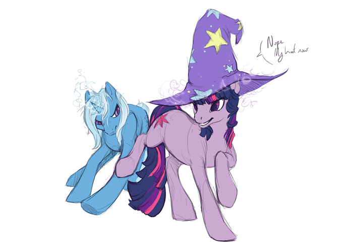 Size: 670x490 | Tagged: safe, artist:noel, derpibooru import, trixie, twilight sparkle, pony, unicorn, angry, clothes, cosplay, female, frown, glare, grin, hat, kicking, magic, mare, raised leg, running, simple background, smiling, teasing, telekinesis, trixie's hat, unicorn twilight, white background