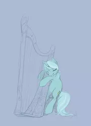 Size: 506x700 | Tagged: safe, artist:noel, derpibooru import, lyra heartstrings, pony, unicorn, chair, dexterous hooves, eyes closed, female, harp, mare, musical instrument, simple background, sitting