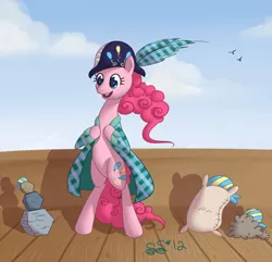 Size: 810x780 | Tagged: safe, artist:alipes, derpibooru import, madame le flour, pinkie pie, rocky, sir lintsalot, bird, earth pony, pony, ask pinkie pierate, bicorne, bipedal, featureless crotch, female, hat, hilarious in hindsight, mare, pirate, smiling